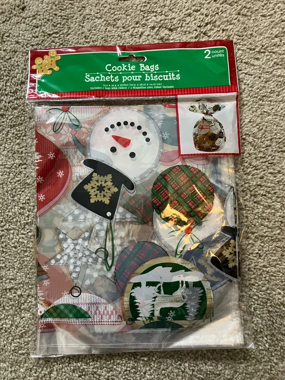 Festive Holiday Treat Bags with Snowman & Ornament Print